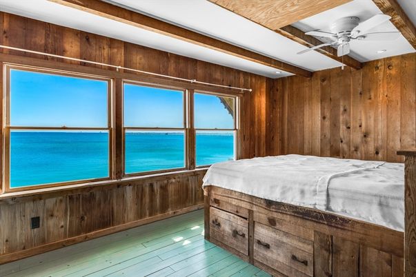 Bedroom, Interior, Recessed Lighting, Water, Wood Texture Flooring, Wooden Walls