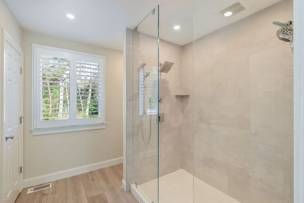 Bathroom, Glass Shower, Interior, Recessed Lighting, Wood Texture Flooring