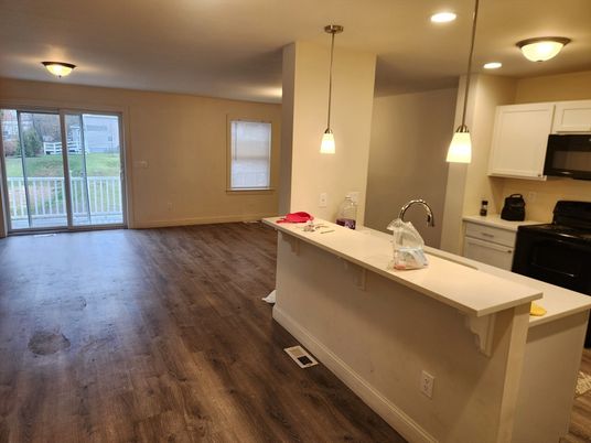 Interior, Kitchen, Pendant Lights, Recessed Lighting, Wood Texture Flooring