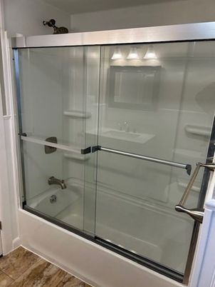 Bathroom, Glass Shower, Interior, Wood Texture Flooring