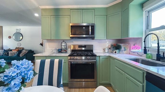 Interior, Kitchen, Recessed Lighting, Stainless Steel Appliances, Wood Texture Flooring