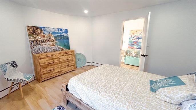 Bedroom, Interior, Recessed Lighting, Wood Texture Flooring