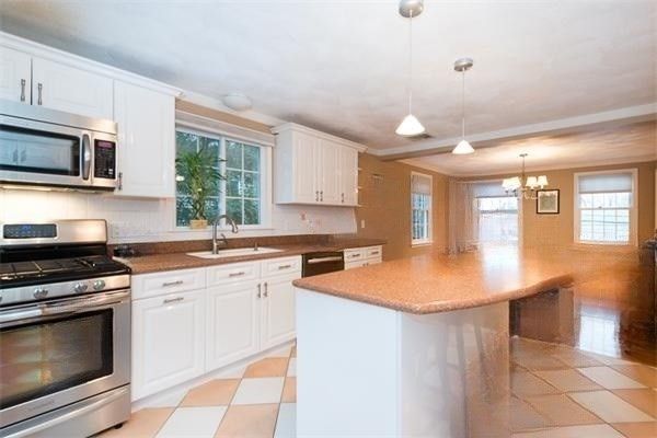 Chandelier, Interior, Kitchen, Pendant Lights, Stainless Steel Appliances, Wood Texture Flooring
