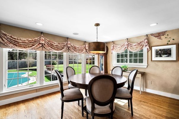 Dining room, Interior, Pendant Lights, Recessed Lighting, Wood Texture Flooring