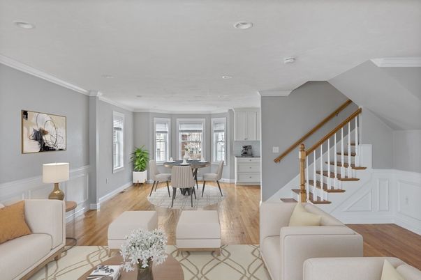 Dining room, Interior, Living room, Recessed Lighting, Wood Texture Flooring