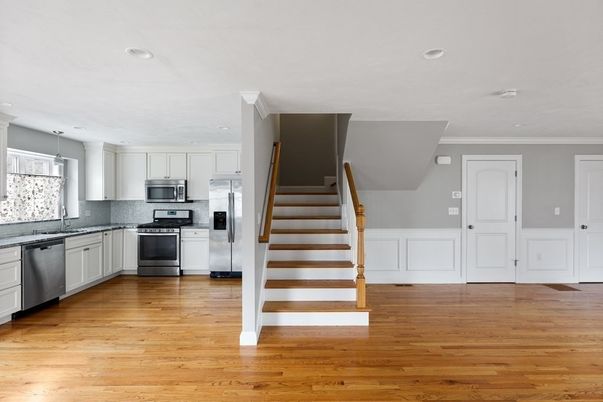 Interior, Kitchen, Pendant Lights, Recessed Lighting, Stainless Steel Appliances, Wood Texture Flooring