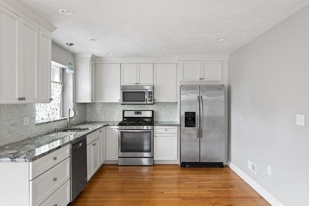 Interior, Kitchen, Recessed Lighting, Stainless Steel Appliances, Wood Texture Flooring