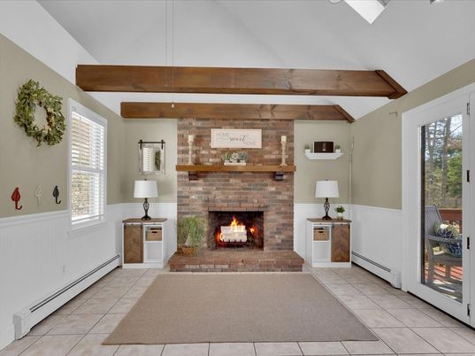 Fireplace, Interior, Pendant Lights, Wooden Beams