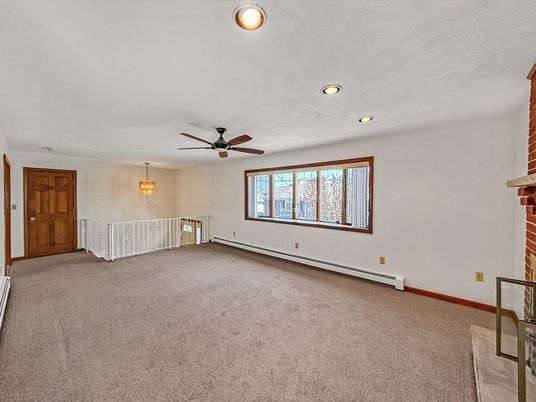 Empty room, Fireplace, Interior, Pendant Lights, Recessed Lighting, Stone Walls