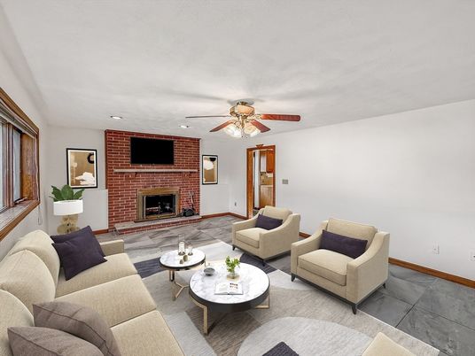 Fireplace, Interior, Living room, Recessed Lighting, Stone Walls