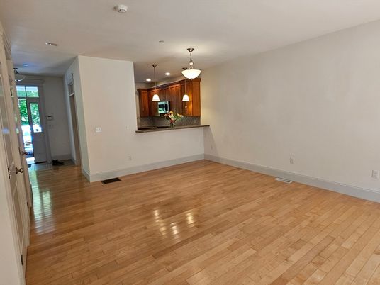 Empty room, Interior, Kitchen, Pendant Lights, Recessed Lighting, Wood Texture Flooring