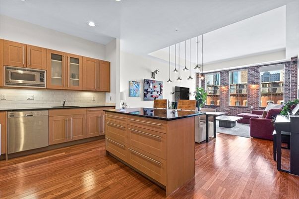 Dining room, Interior, Kitchen, Living room, Pendant Lights, Recessed Lighting, Stainless Steel Appliances, Wood Texture Flooring