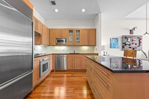 Interior, Kitchen, Pendant Lights, Recessed Lighting, Stainless Steel Appliances, Wood Texture Flooring