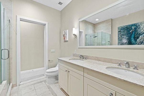 Bathroom, Dual Sink Vanities, Glass Shower, Interior, Recessed Lighting