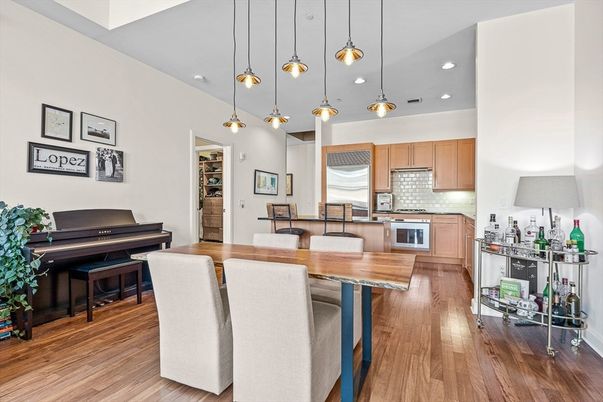 Interior, Kitchen, Pendant Lights, Piano, Recessed Lighting, Stainless Steel Appliances, Wood Texture Flooring