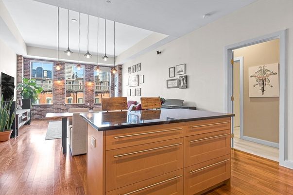 Dining room, Interior, Kitchen, Pendant Lights, Stone Walls, Wood Texture Flooring
