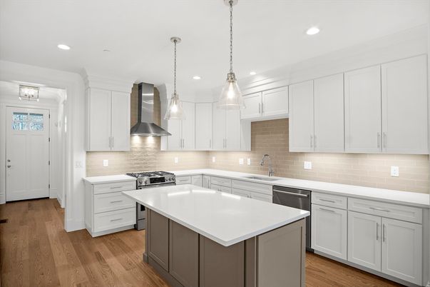 Interior, Kitchen, Pendant Lights, Recessed Lighting, Stainless Steel Appliances, Wood Texture Flooring