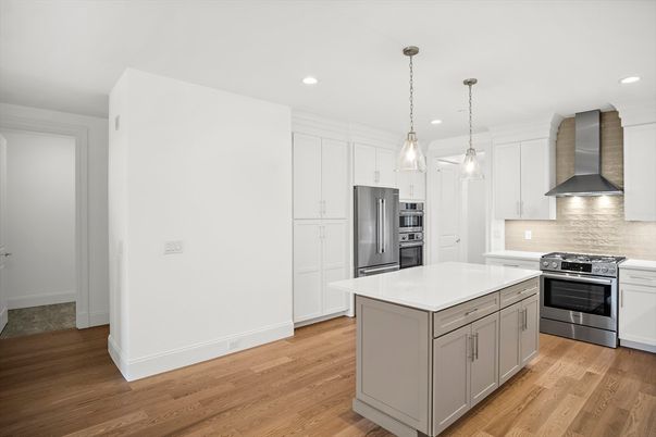 Interior, Kitchen, Pendant Lights, Recessed Lighting, Stainless Steel Appliances, Wood Texture Flooring