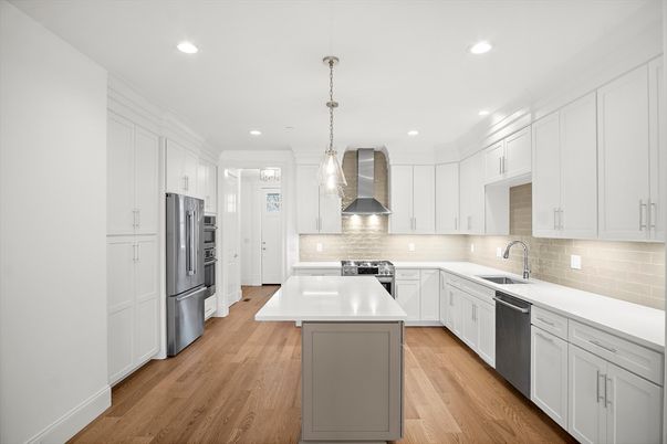 Interior, Kitchen, Pendant Lights, Recessed Lighting, Stainless Steel Appliances, Wood Texture Flooring