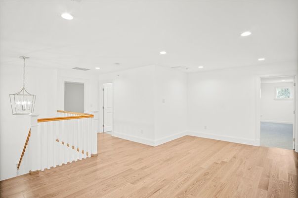 Empty room, Interior, Pendant Lights, Recessed Lighting, Wood Texture Flooring