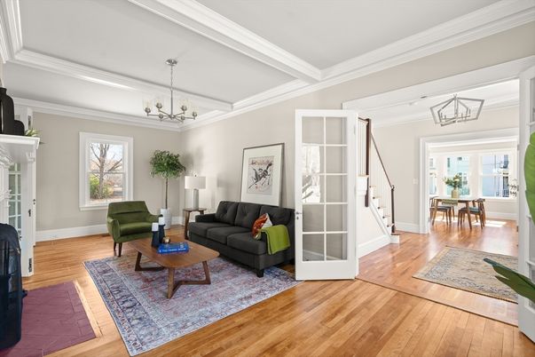 Dining room, Fireplace, Interior, Living room, Pendant Lights, Wood Texture Flooring