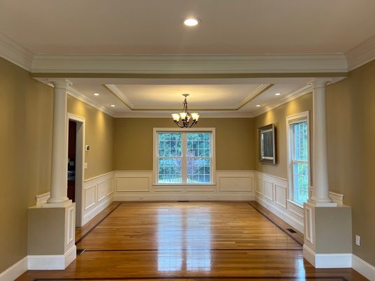 Chandelier, Empty room, Interior, Recessed Lighting, Wood Texture Flooring