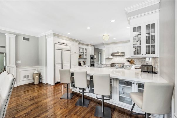 Chandelier, Interior, Kitchen, Recessed Lighting, Stainless Steel Appliances, Wood Texture Flooring
