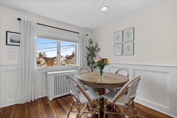 Dining room, Interior, Recessed Lighting, Wood Texture Flooring