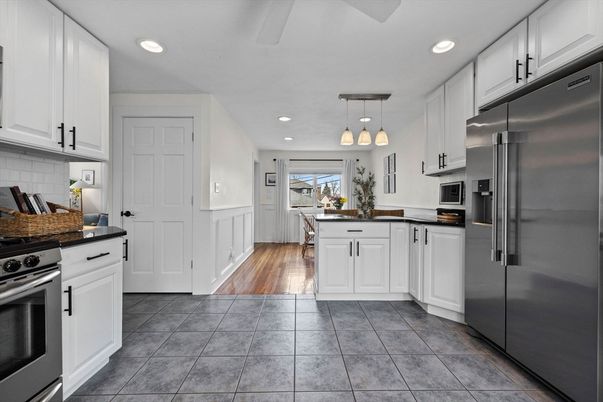 Interior, Kitchen, Pendant Lights, Recessed Lighting, Stainless Steel Appliances, Wood Texture Flooring