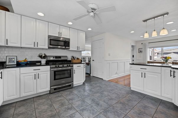 Interior, Kitchen, Pendant Lights, Recessed Lighting, Stainless Steel Appliances, Wood Texture Flooring