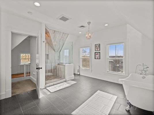 Bathroom, Chandelier, Free Standing Baths, Glass Shower, Interior, Recessed Lighting