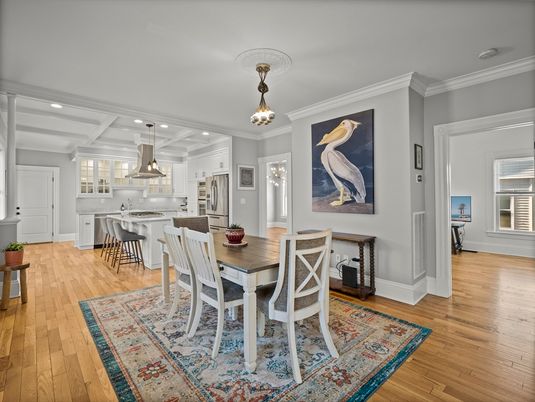 Dining room, Interior, Kitchen, Pendant Lights, Recessed Lighting, Stainless Steel Appliances, Wood Texture Flooring