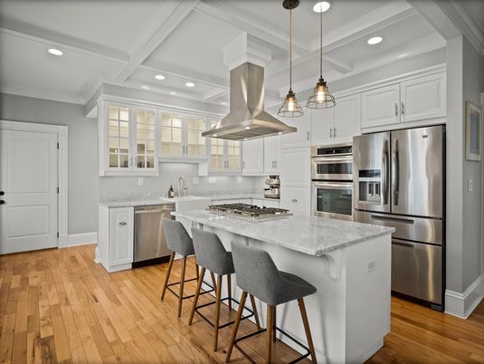 Interior, Kitchen, Pendant Lights, Recessed Lighting, Stainless Steel Appliances, Wood Texture Flooring
