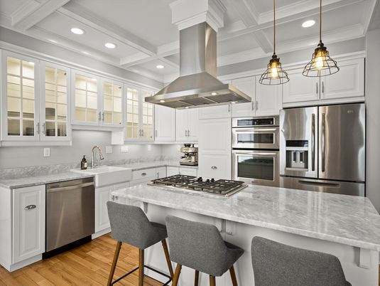 Interior, Kitchen, Pendant Lights, Recessed Lighting, Stainless Steel Appliances, Wood Texture Flooring