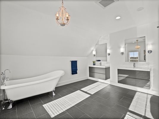 Bathroom, Chandelier, Dual Sink Vanities, Free Standing Baths, Interior, Pendant Lights, Recessed Lighting