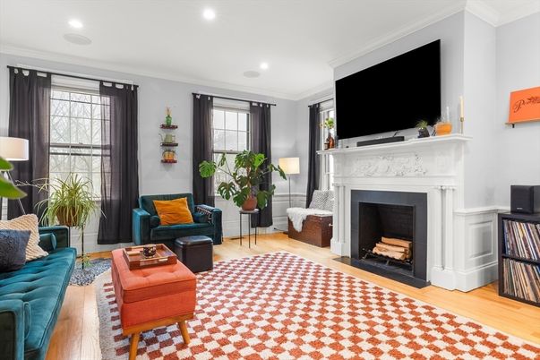 Fireplace, Interior, Living room, Recessed Lighting, Wood Texture Flooring