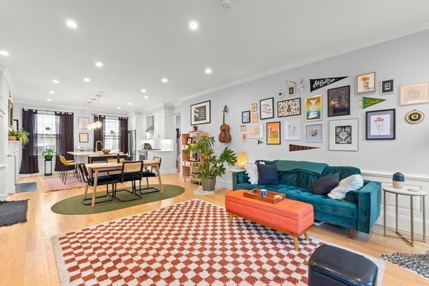 Dining room, Interior, Living room, Pendant Lights, Recessed Lighting, Wood Texture Flooring