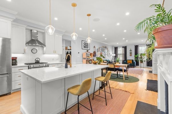Dining room, Interior, Kitchen, Pendant Lights, Recessed Lighting, Stainless Steel Appliances, Wood Texture Flooring
