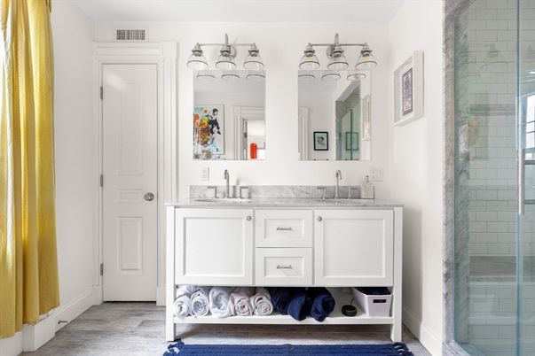 Bathroom, Dual Sink Vanities, Glass Shower, Interior, Wood Texture Flooring
