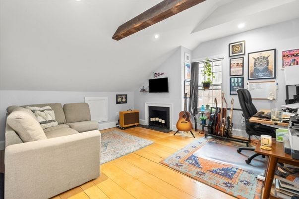 Fireplace, Home Office, Interior, Living room, Recessed Lighting, Wooden Beams, Wood Texture Flooring