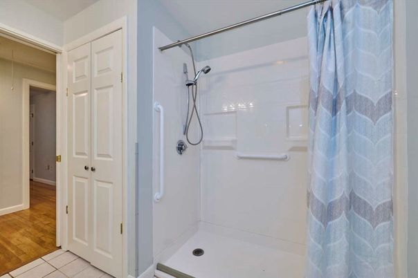 Bathroom, Glass Shower, Interior, Wood Texture Flooring