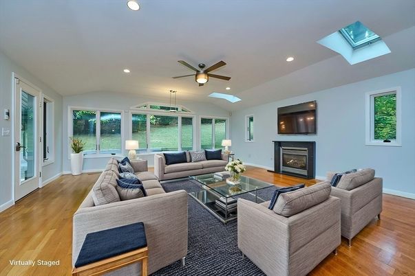 Fireplace, Interior, Living room, Recessed Lighting, Wood Texture Flooring
