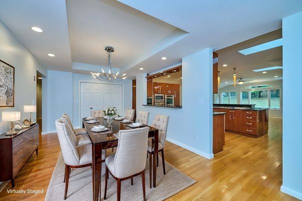 Dining room, Interior, Kitchen, Pendant Lights, Recessed Lighting, Wood Texture Flooring