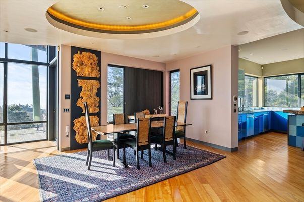Dining room, Interior, Recessed Lighting, Wood Texture Flooring