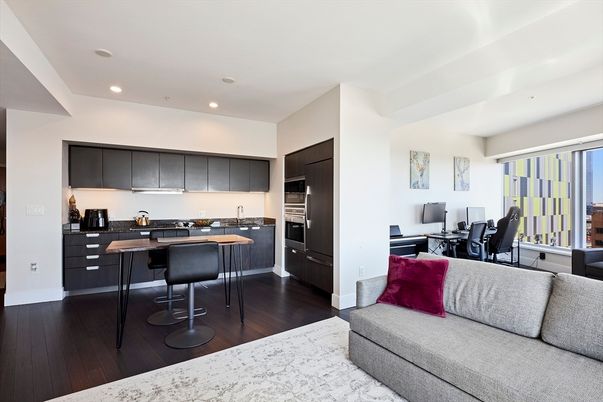 Dining room, Interior, Kitchen, Living room, Recessed Lighting, Stainless Steel Appliances, Wood Texture Flooring