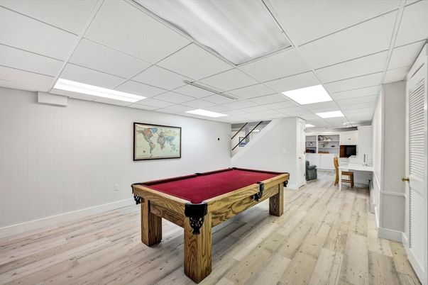 Billiard Table, Game Room, Interior, Recessed Lighting, Wood Texture Flooring