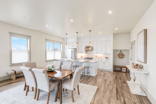 Dining room, Interior, Kitchen, Pendant Lights, Recessed Lighting, Wood Texture Flooring