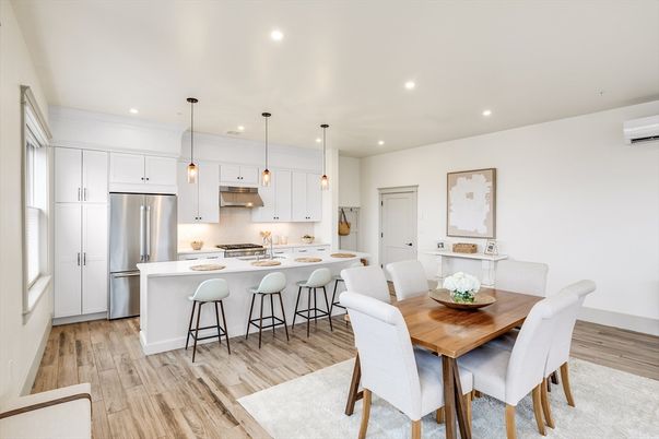 Dining room, Interior, Kitchen, Pendant Lights, Recessed Lighting, Stainless Steel Appliances, Wood Texture Flooring