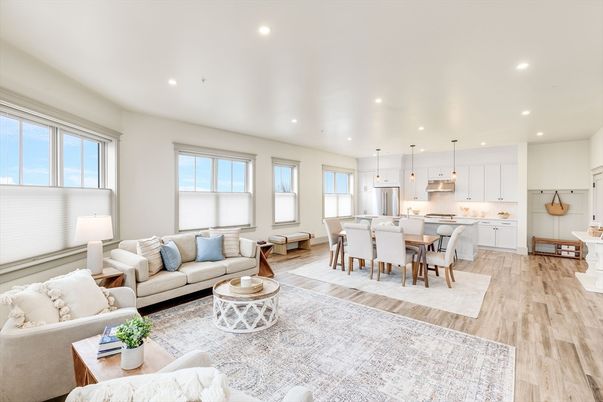 Dining room, Interior, Kitchen, Living room, Pendant Lights, Recessed Lighting, Stainless Steel Appliances, Wood Texture Flooring