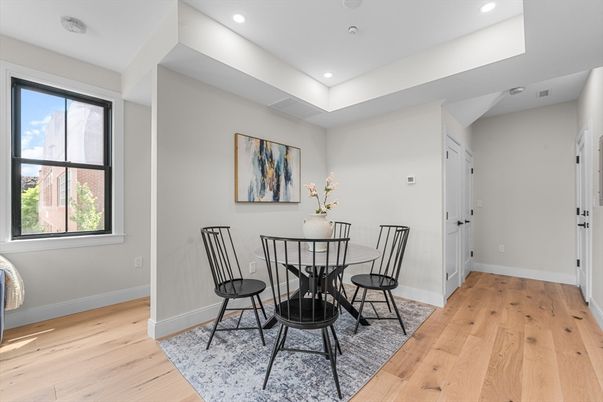 Dining room, Interior, Recessed Lighting, Wood Texture Flooring